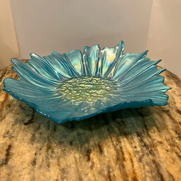 Akcam Turkish Opalescent Aqua Blue/Gold Platter Glass - Picture 2 of 5